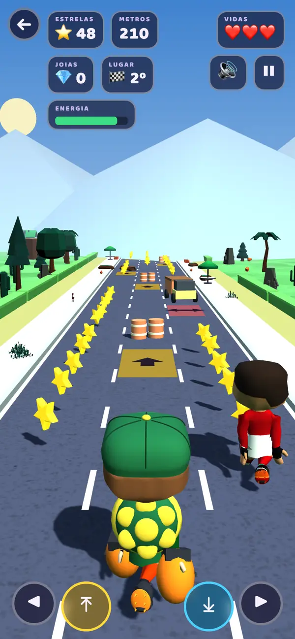 A corrida no celular: o boneco do Guga, de boné verde, casco de tartaruga, luvas de boxe e chuteira, correndo na pista