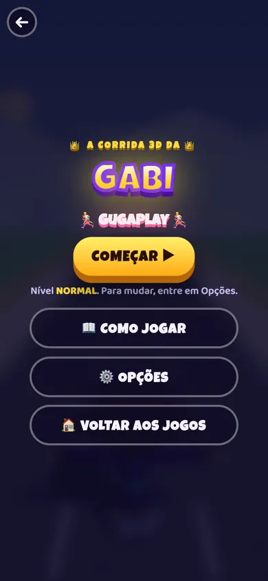 A abertura da corrida com o nome em letras grandes: A corrida 3D da Gabi