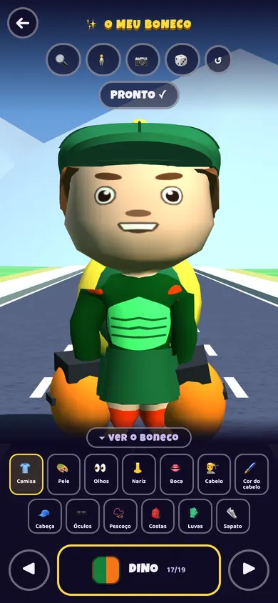 A oficina do boneco com o Guga: boné verde, camisa de dinossauro, luvas de boxe e as opções de pele, olhos, cabelo e camisa