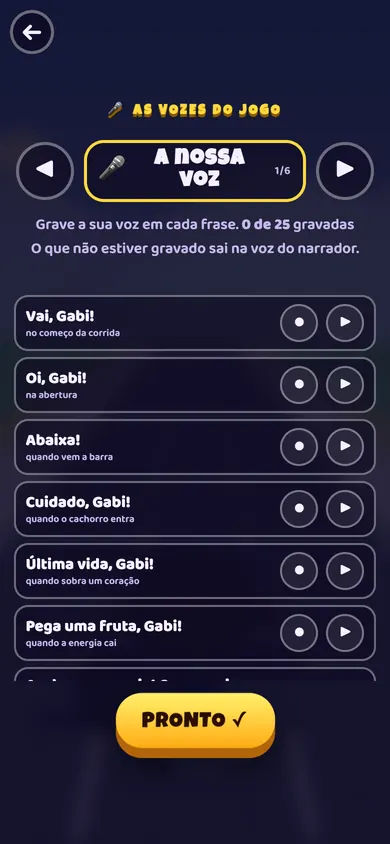 A tela "A nossa voz", com as frases "Vai, Gabi!", "Oi, Gabi!" e "Cuidado, Gabi!", cada uma com o botão de gravar